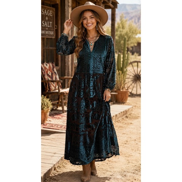 Soft Surroundings Dresses & Skirts - SOFT SURROUNDINGS‎ Floral Velvet Dimora Maxi Dress Teal Brown Burnout X-Large